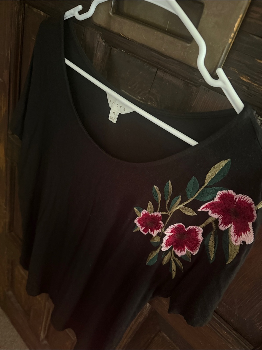 Black Short Sleeve Tee with Pink Floral Embroidery